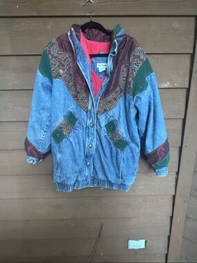 Vintage Two Twenty Blue Denim Coat Green & Burgundy Satin Aztec details size M